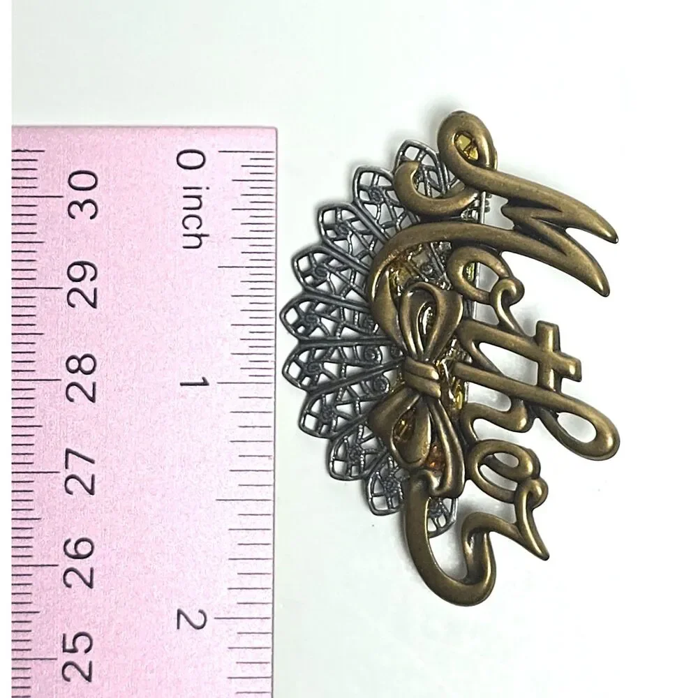 MOM Brooch Pin Filigree Metal Bronze Tone & Silver Tone Mother's Day Gift